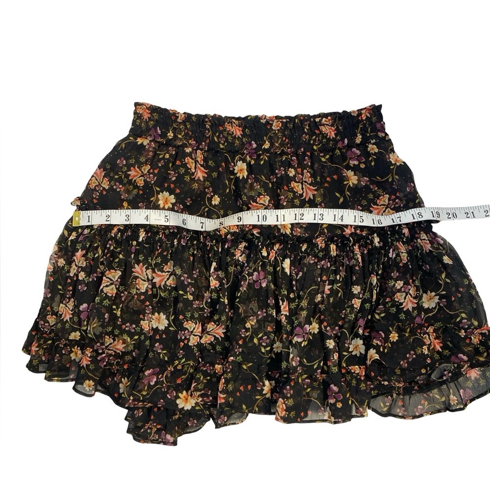 MISA Black Floral Ruffle Mini Skirt – Boho Luxe Tiered Sheer Overlay Size Small - Picture 8 of 11